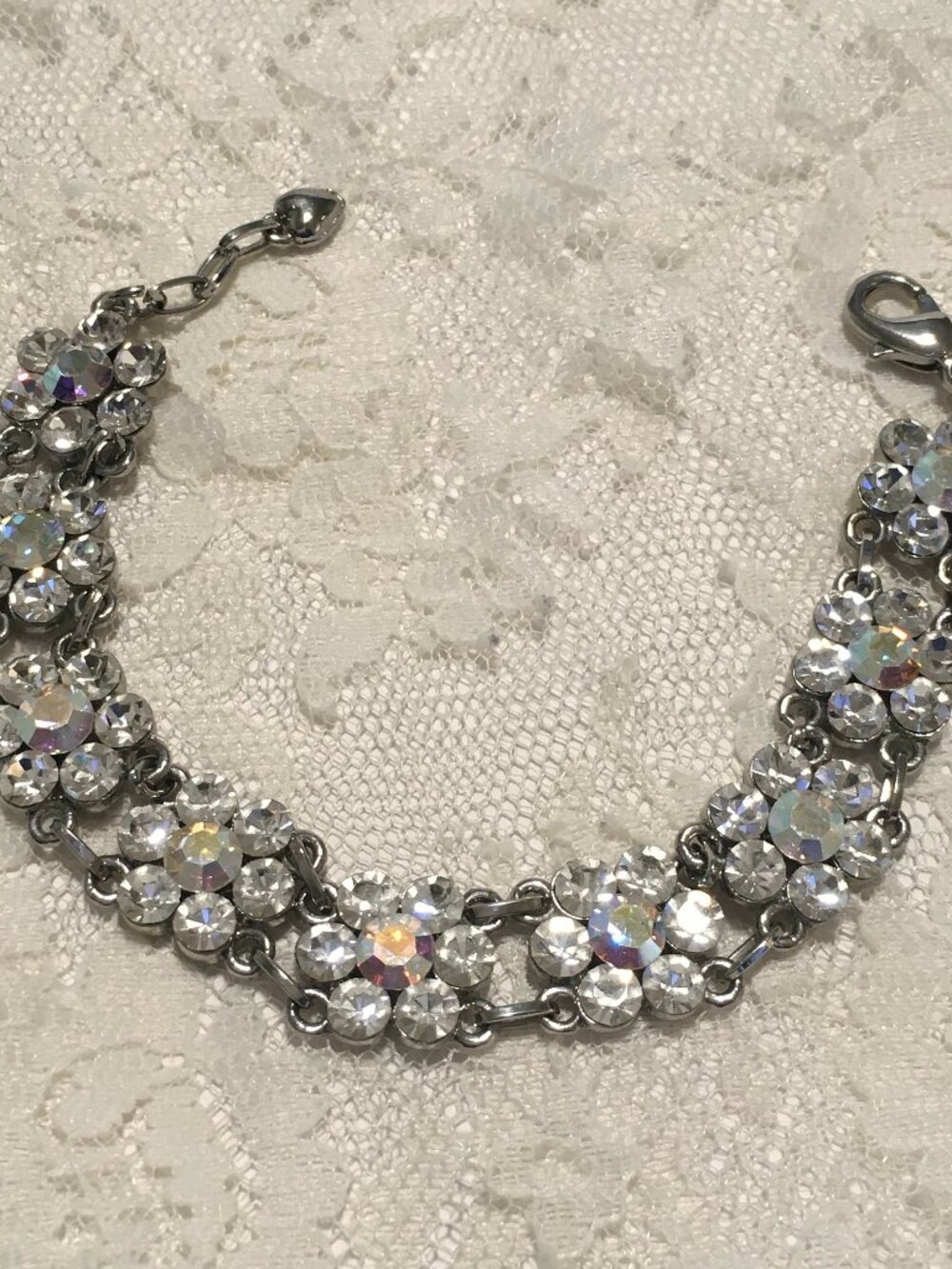 Clear Rhinestone Floral Bracelet Aurora Borealis AB Stones Silver tone Chain